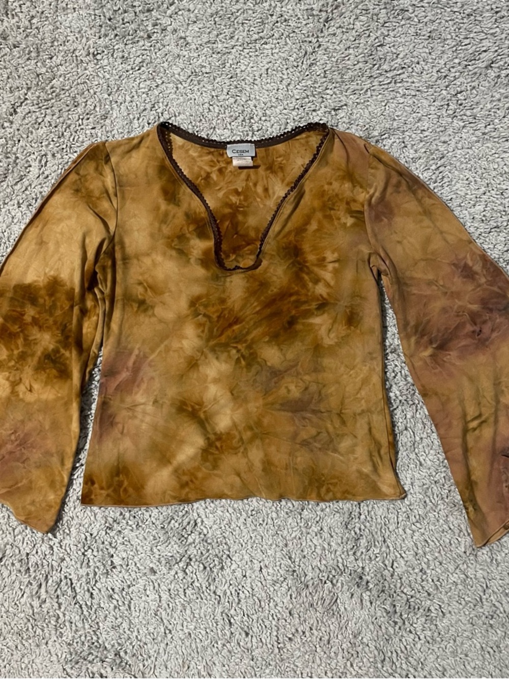 Y2K Cresem brown and tan tie-dye bell bottom sleeve with cut out